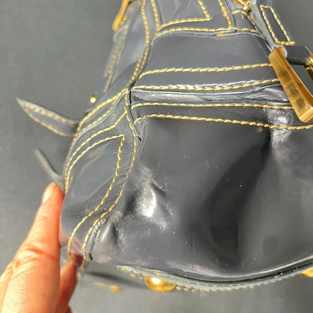 Maxx NY Gray Patent Satchel Handbag Bowler Bag Gold Buckle 90s Y2k Indie Sleaze